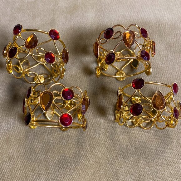 Jeweled Gold Holiday Napkin Rings Set of 4 – Red & Amber Gem Accents - Picture 2 of 10